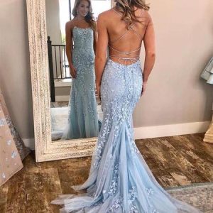 Backless hemelsblauwe bloemenkant formele galajurk | Zeemeermin-avondjurk met hofsleep