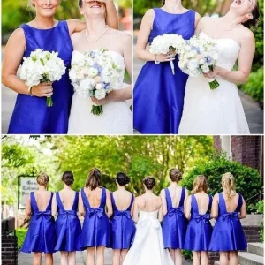 Bateau Neck Koningsblauw Korte knielengte Bruidsmeisjesjurken met lage rug