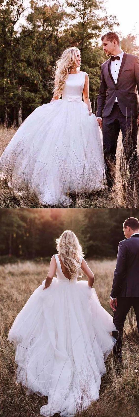 Bescheiden Bateau Neck Satijnen Tule Lage Rug Herfst Trouwjurk - Afbeelding 4