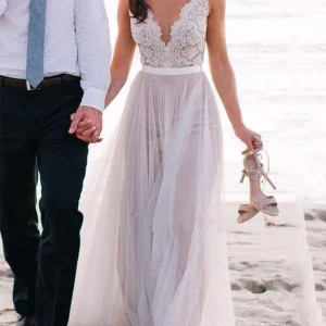 Zomer strand kanten top Boho trouwjurk met V-rug