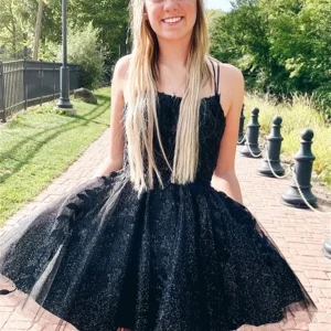 Zwarte bling tie terug homecoming jurk