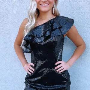 Zwarte homecoming-jurk met één schouder en pailletten voor junioren