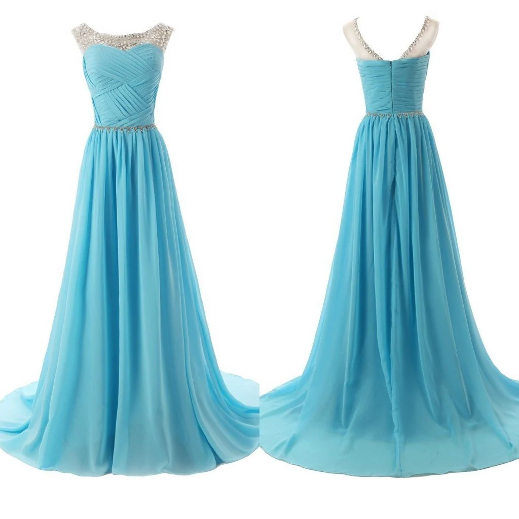 A-lijn chiffon kraal blauwe illusie hals galajurk - Afbeelding 2