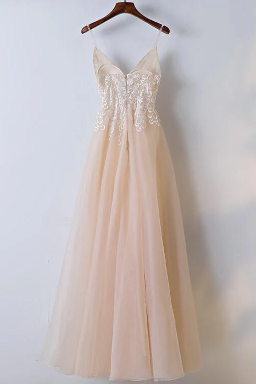 Champagne Lace Top Spaghettibandjes A-lijn Tule Prom Dress Afstudeerjurk - Afbeelding 3