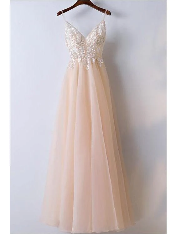 Champagne Lace Top Spaghettibandjes A-lijn Tule Prom Dress Afstudeerjurk - Afbeelding 2