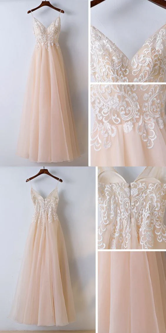 Champagne Lace Top Spaghettibandjes A-lijn Tule Prom Dress Afstudeerjurk - Afbeelding 4