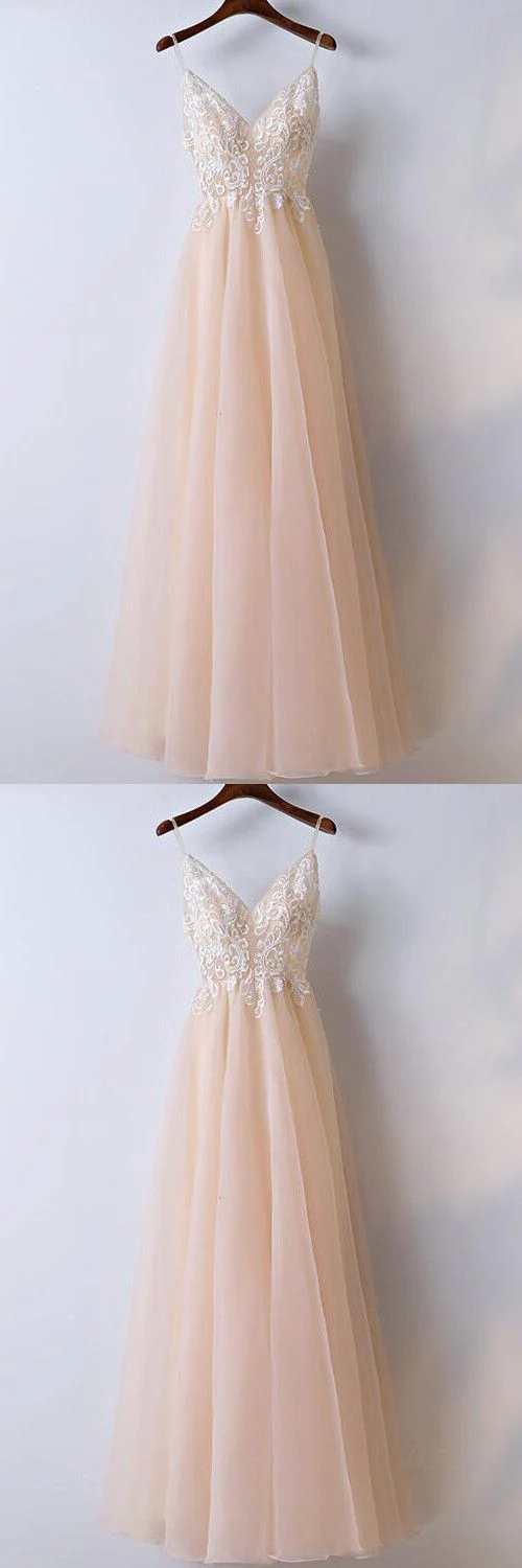 Champagne Lace Top Spaghettibandjes A-lijn Tule Prom Dress Afstudeerjurk - Afbeelding 5
