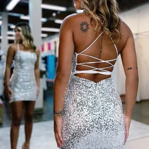 Bodycon stropdassen terug zilveren pailletten homecoming jurk