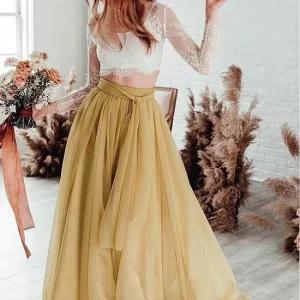 Boho lange mouw kanten tweedelige trouwjurk