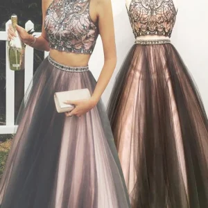 Bruine tweedelige galajurk Lange galajurk Poofy galajurk voor tieners