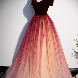 Bordeaux sprookjesachtige off-shoulder galajurk met kleurovergang