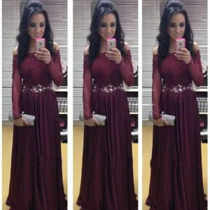 Bordeaux kanten top off-shoulder galajurk met lange mouwen