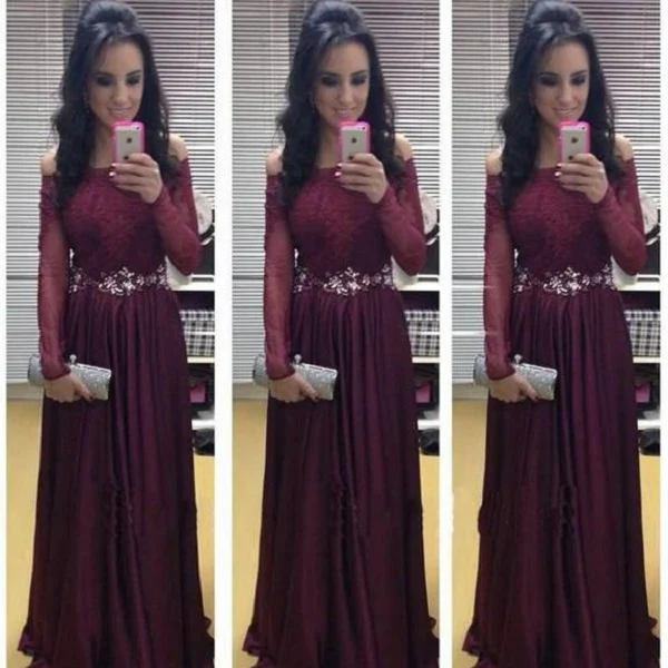 Bordeaux kanten top off-shoulder galajurk met lange mouwen - Afbeelding 2