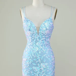 Light Blue Sparkly Lace Up Back Short Homecoming Party Dress