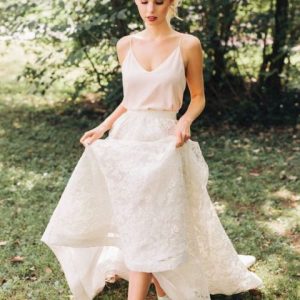 Casual Boho lange tweedelige kanten crop-top trouwjurk met spaghettibandjes