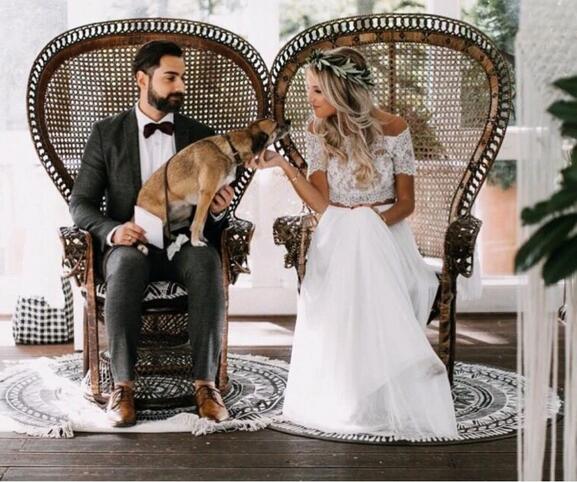 Casual flowy korte mouw kanten crop top tweedelige trouwjurk bruids scheidt - Afbeelding 6