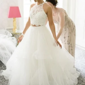 Casual halter lange kanten crop top Tull rok tweedelige trouwjurk bruids scheidt kanten top