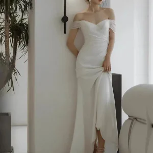 Casual Off the Shoulder Silk Dress For Wedding with Court Train and Draping