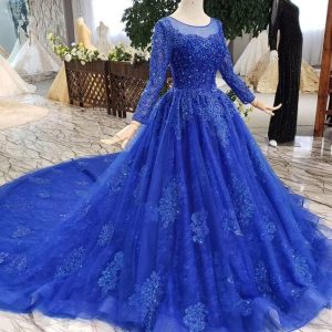 Kathedraalsleep koningsblauwe prinsessenbaljurk met mouwen