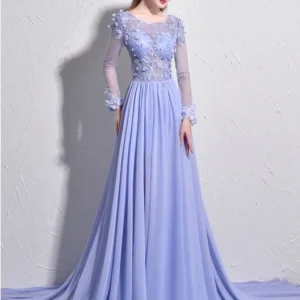 Chiffon doorzichtige bloemenkanten top met lange mouwen Lila galajurk, formele jurk