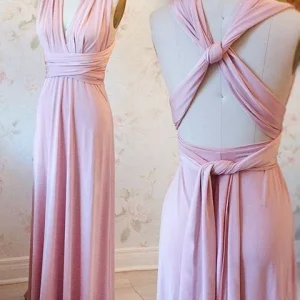 Converteerbare stoffige roze oneindige lange bruidsmeisjesjurk