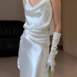 Cowl Neck Column Silk Backless Wedding Dress