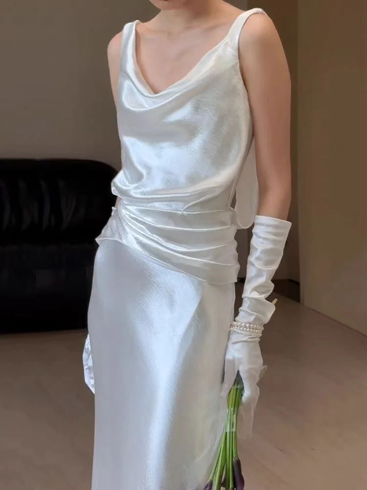 Cowl Neck Column Silk Backless Wedding Dress - Afbeelding 2