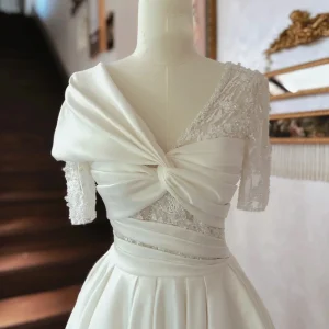Crisscross Front Aline Short Sleeve Satin Wedding Dress
