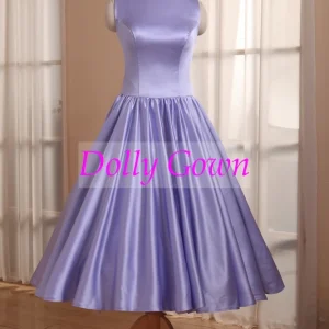 Lavendel theelengte satijnen bateau-hals vintage landelijke bruidsmeisjesjurken