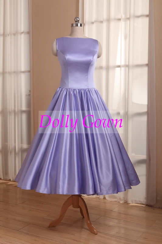 Lavendel theelengte satijnen bateau-hals vintage landelijke bruidsmeisjesjurken - Afbeelding 2