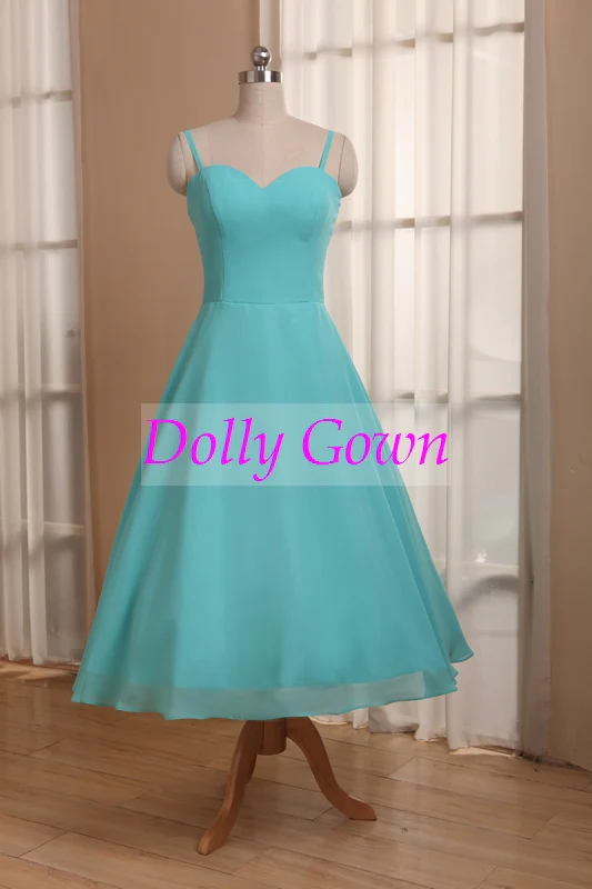 Blauwe theelengte jaren '50 stijl bruidsmeisjesjurken met spaghettibandjes - Afbeelding 4