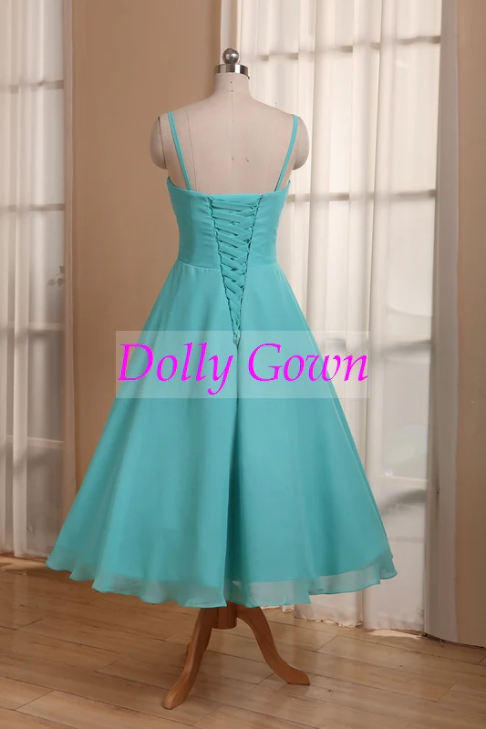 Blauwe theelengte jaren '50 stijl bruidsmeisjesjurken met spaghettibandjes - Afbeelding 6