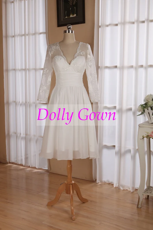 Zomer Boho Mooie korte trouwjurken met lange mouwen - Afbeelding 4