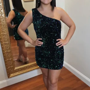 Donker marineblauwe pailletten één schouder strakke homecoming-jurk
