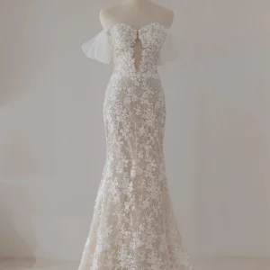 Delicate Flowy Mermaid Off the Shoulder Floral Lace Mermaid Sheer Wedding Dress