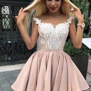 Off-shoulder stoffige roze korte midi-lengte bruidsmeisjesjurken