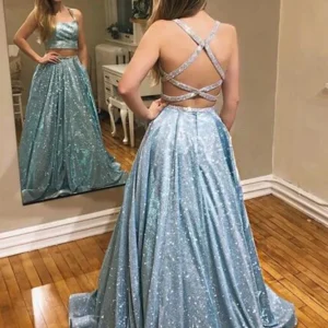 Dusty Blue/Lavender Glitter Long Cross Back Prom Dress