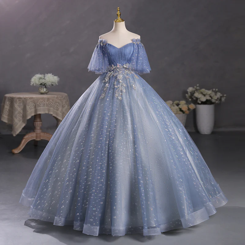 Dusty Blue Off The Shoulder Masquerade Ball Gown Quinceanera Dress - Afbeelding 2