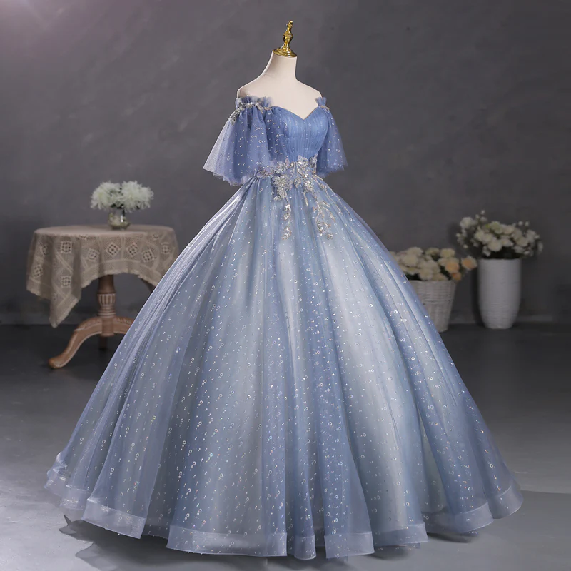 Dusty Blue Off The Shoulder Masquerade Ball Gown Quinceanera Dress - Afbeelding 3