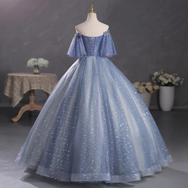 Dusty Blue Off The Shoulder Masquerade Ball Gown Quinceanera Dress - Afbeelding 4