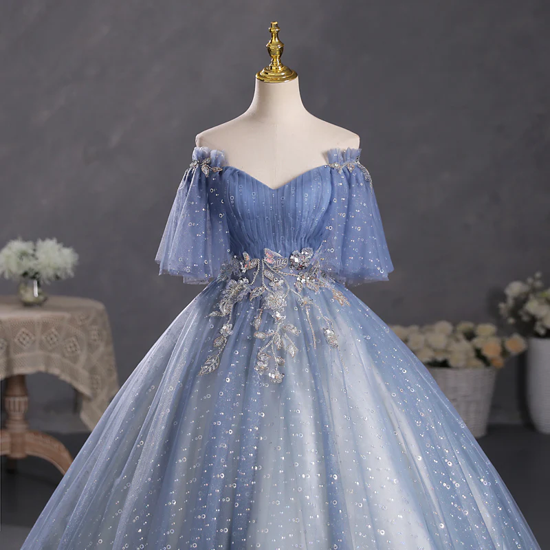Dusty Blue Off The Shoulder Masquerade Ball Gown Quinceanera Dress - Afbeelding 5