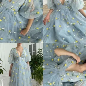 Stoffige blauwe theelengte bruiloftsreceptiejurk met bubbelmouwen