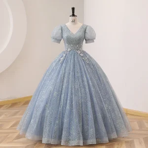 Dusty Blue V-Neck Ball Gown Quinceanera Dress