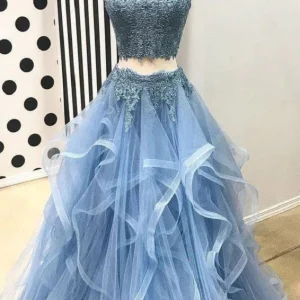 Stoffige blauwe tweedelige off-shoulder ruches rok galajurk