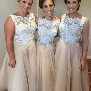 Champagne kanten top Vintage theelengte bruidsmeisjesjurken