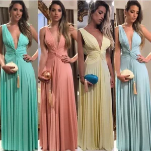 Herfst verschillende kleuren lange sexy bruidsmeisjesjurken met V-hals