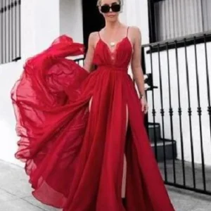 Mode rode lange rode galajurk sexy avondjurk zijsplit