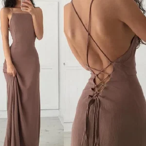 Flowy chocoladebruine galajurk Backless galajurk Bruine avondjurk