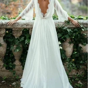 Zomer flowy boho a-lijn v-rug chiffon trouwjurk met lange mouwen en mouwen