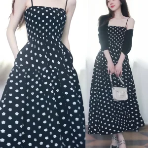 Franse stijl zwarte bloemen zomer maxi-jurk